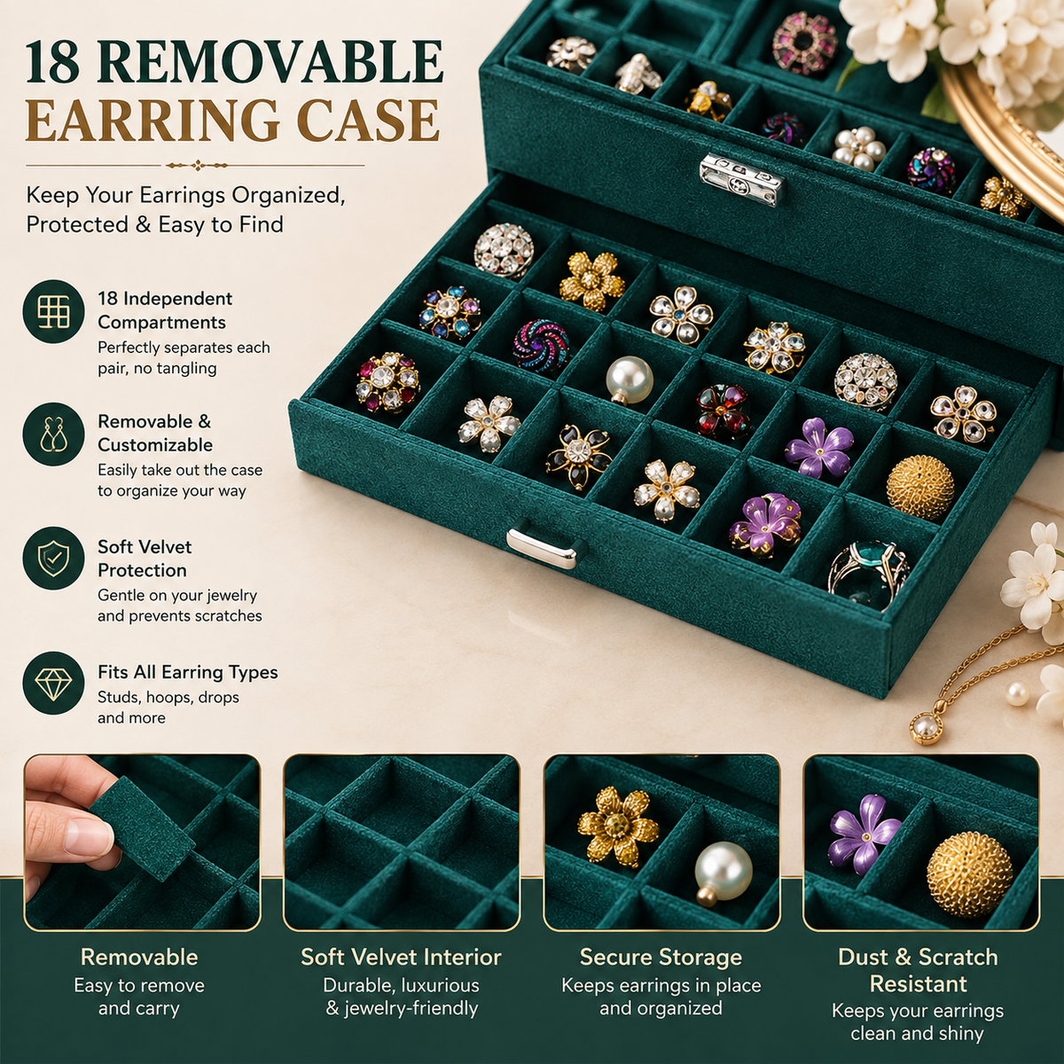 3-Layer Jewellery Organizer Box with Lock – Green