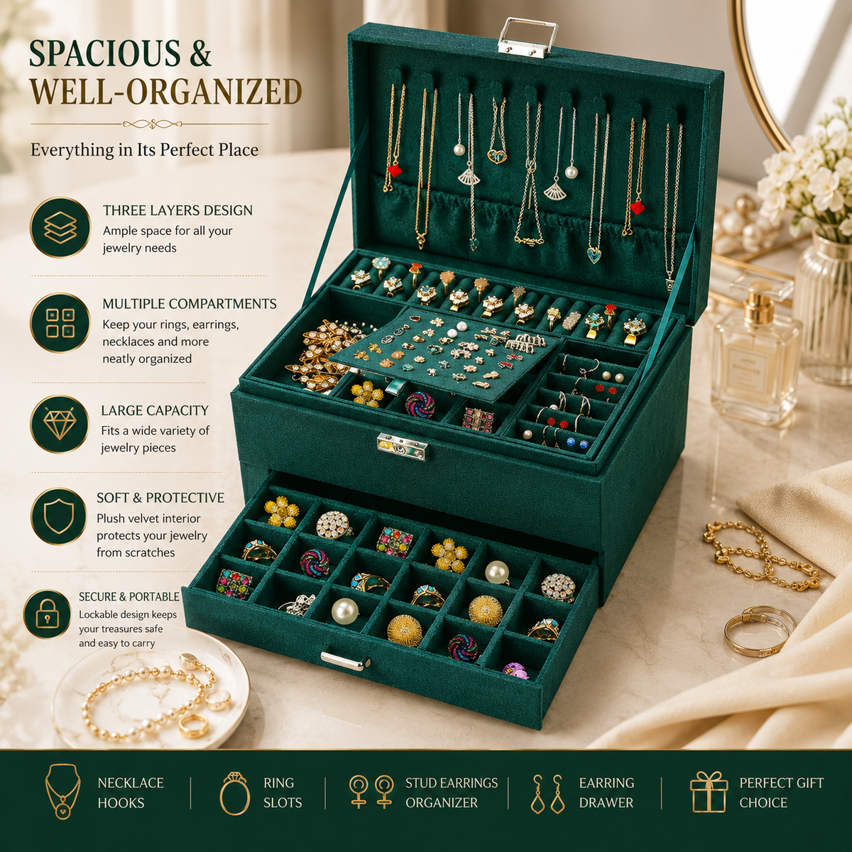 3-Layer Jewellery Organizer Box with Lock – Green
